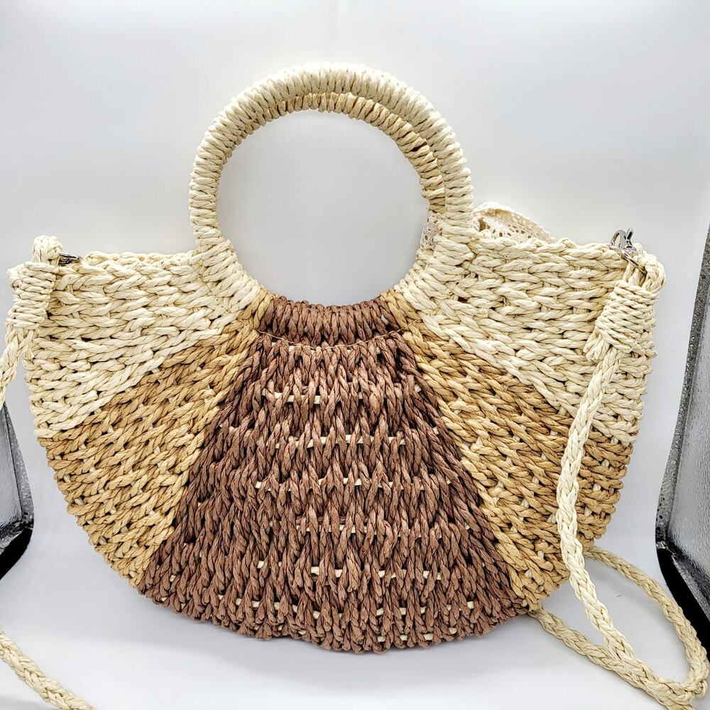 Convertible Brown Beige Colorblock Raffia Rattan Straw Handbag Purse Vacation - Picture 2 of 12